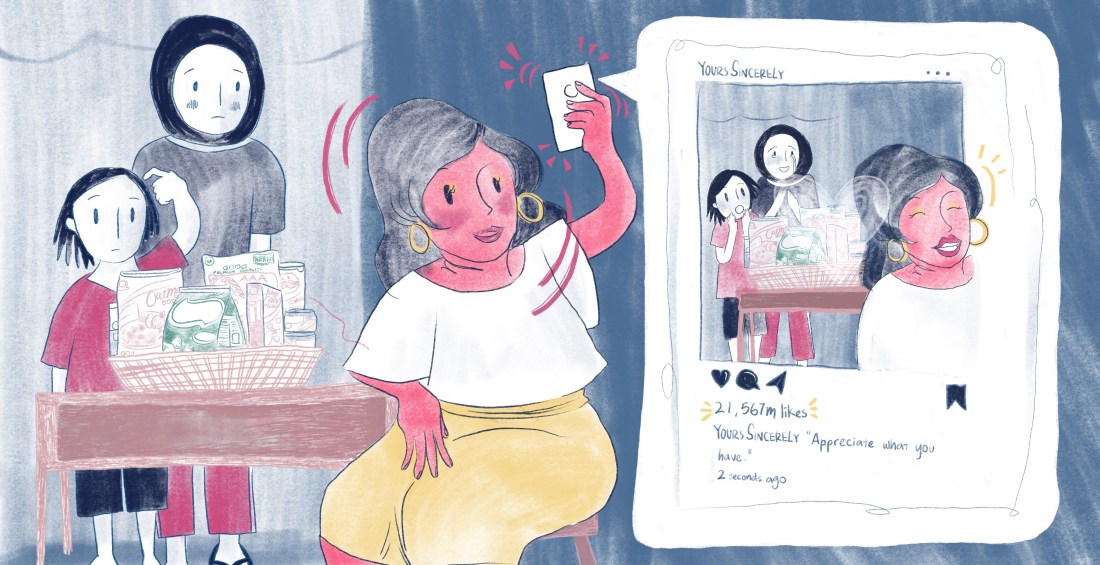 An illustration of a social media post of a woman taking a selfie with a mother and daughter in the background, with 21,567 likes and caption: YoursSincerely "Appreciate what you have." On the left of the image is a white rectangle with black text that reads:⠀ We see an increase in commendable acts of charity [during Ramadhan]; everyone wants to donate cash or food items to the needy. But nobody thinks about or wants to question the system that perpetuates poverty.⠀ - Teaching ‘feel-good’ Islam: Toxic Positivity & Silencing the Oppressed by Mysara Aljaru