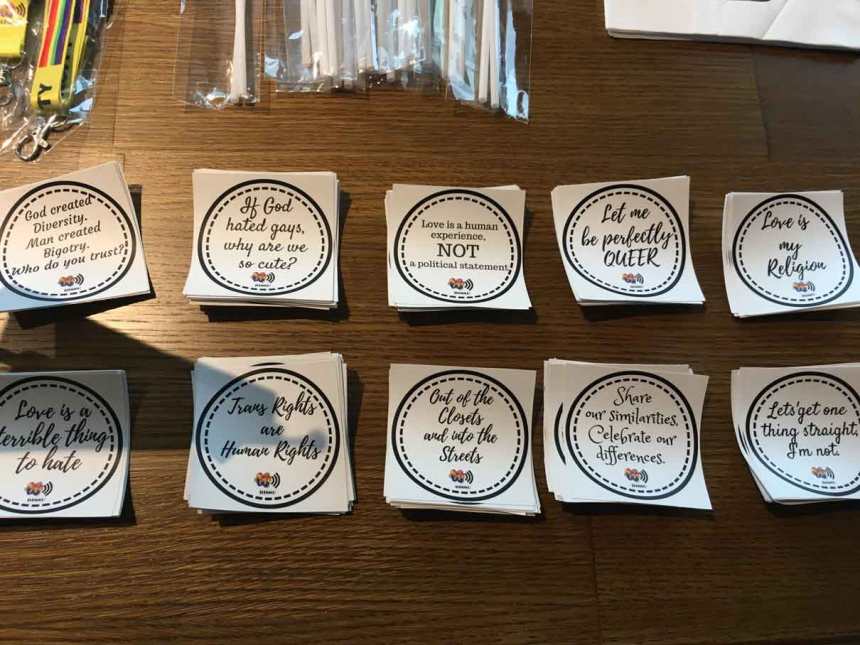 Stickers with various text such as "Trans rights are human rights"