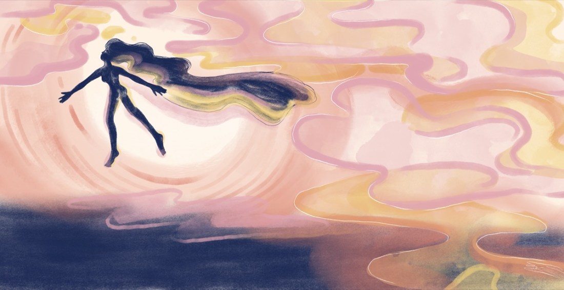 Illustration of a sky full of clouds in swirling shades of pink and orange. There is a figure with long hair trailing behind them appearing to float to join the clouds, arms wide open.