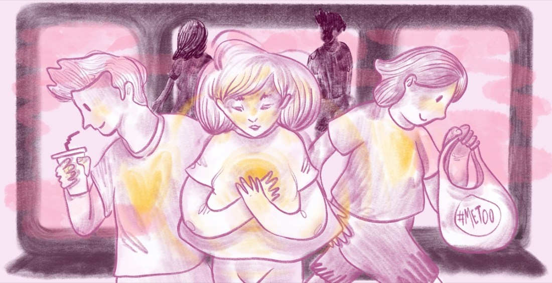 Illustration in shades of pink of a person walking with a bag that has "#METOO" printed on it.